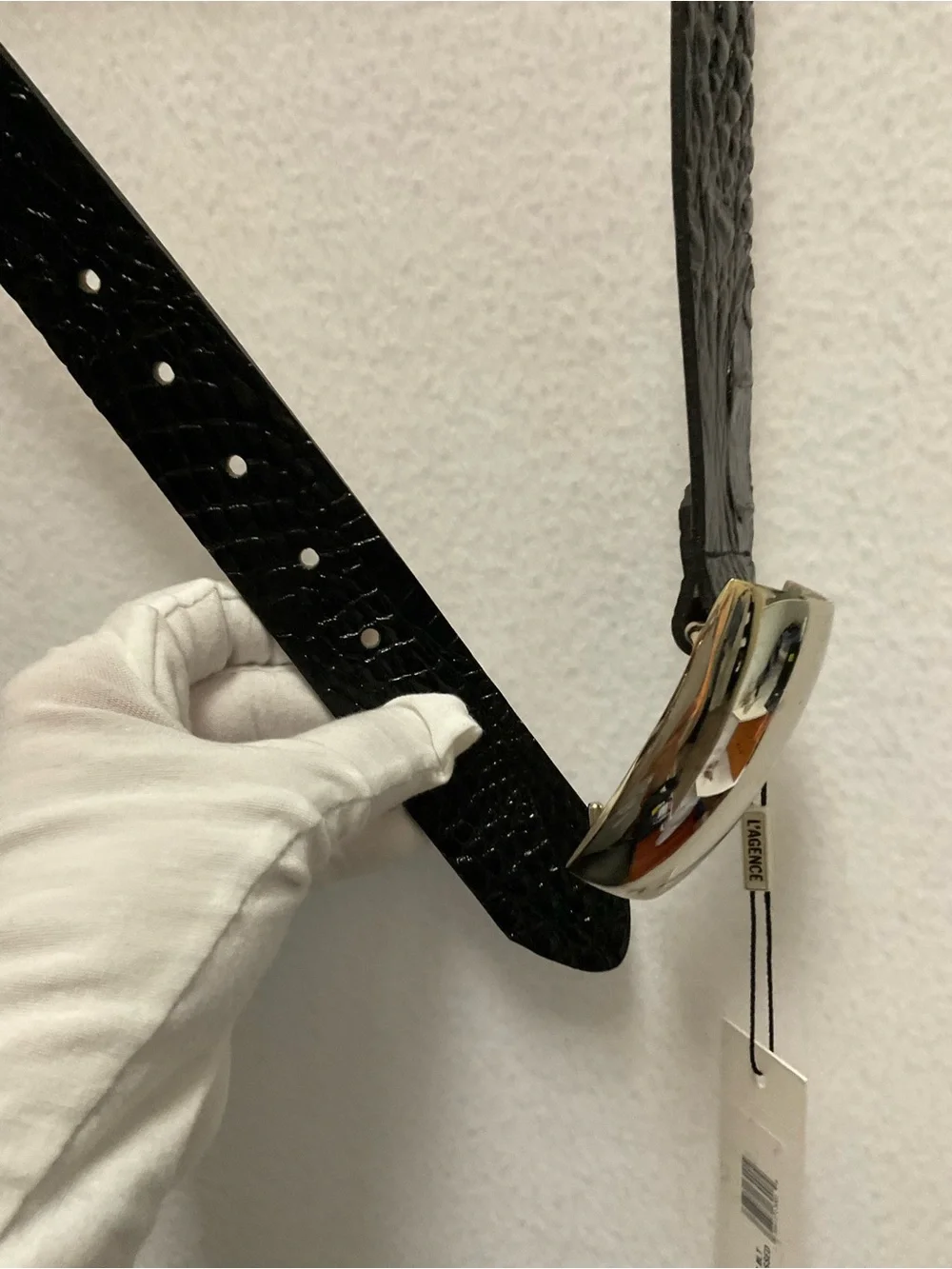 L'AGENCE Black Croc-Embossed Belt with Cream Statement Buckle